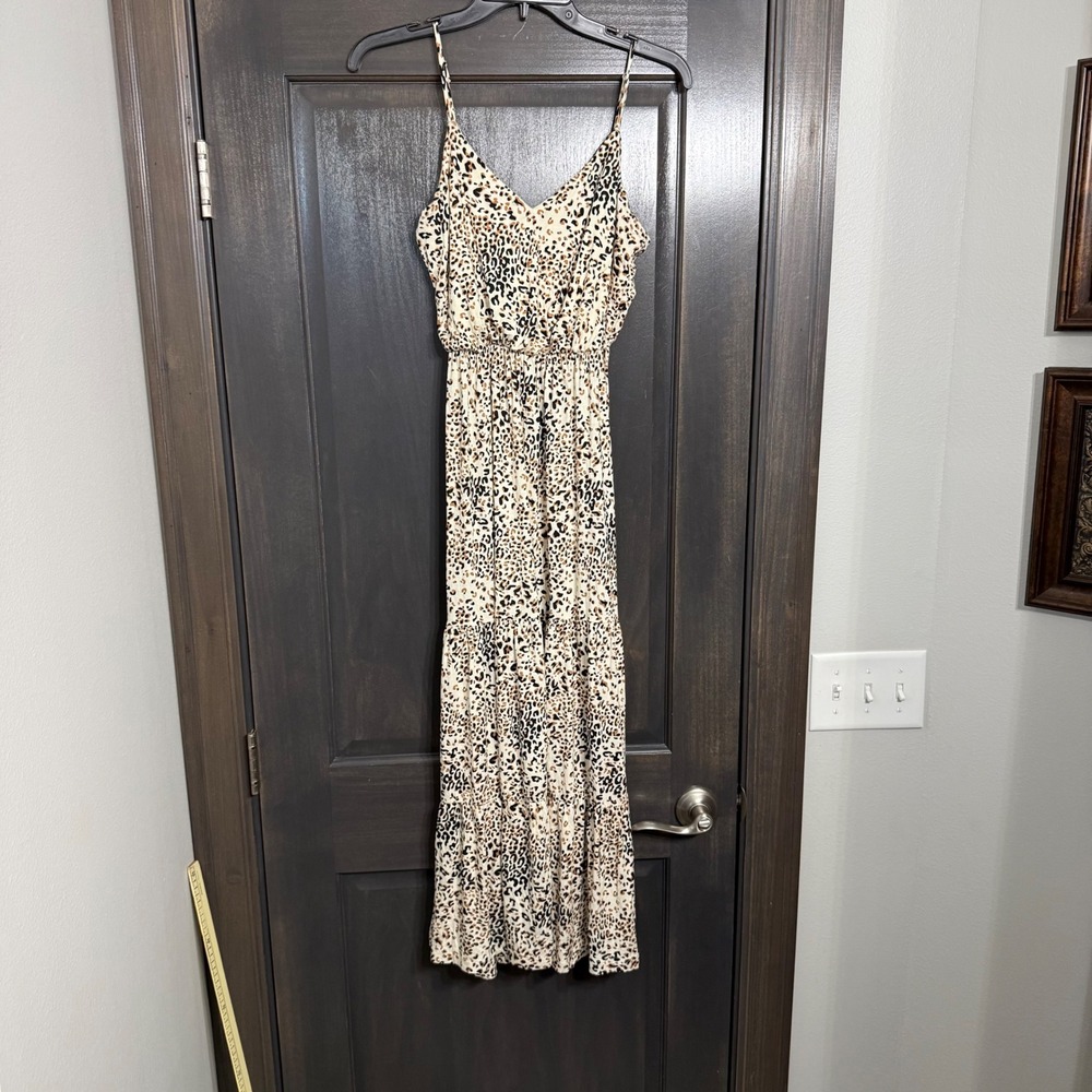 All‎ In Favor Leopard Print Maxi Dress XS V-Neck Tiered Adjustable Straps NEW